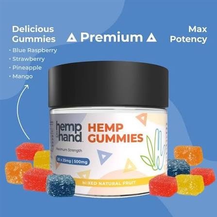 Uploaded hemp gummies bottle creative on blue background with flavour notes