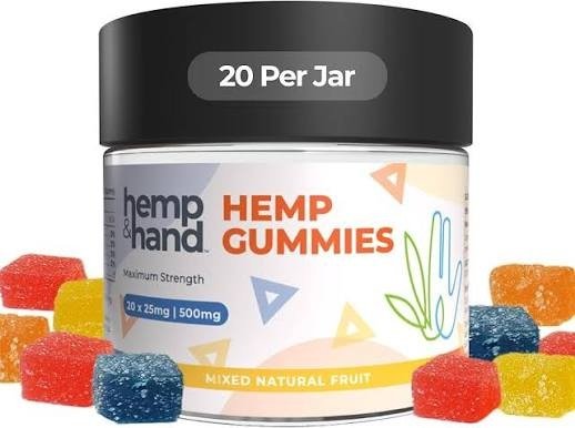 Close product creative of hemp gummies bottle surrounded by colourful gummies