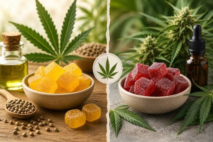 Hemp gummies visual with yellow and red gummies, hemp leaves and small bottle props