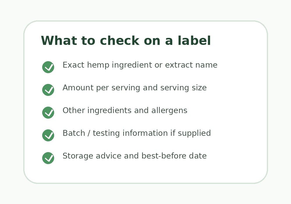 Checklist showing what to review on a hemp gummies label